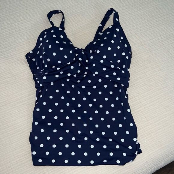 Lands End Navy w White polka dots 16W DD underwire Crossover V neck Tankini Top - Picture 7 of 10